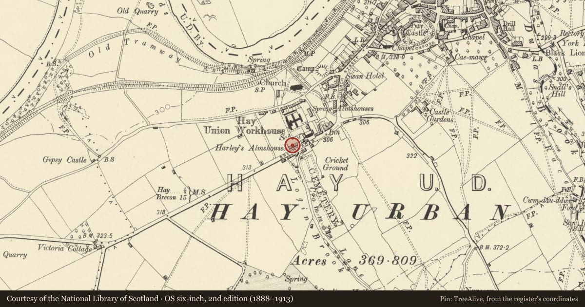 Ordnance Survey six-inch map, 2nd edition (1888–1913) covering the location of Harley's Almshouses, Hay, Powys, with a pin at the register's coordinates