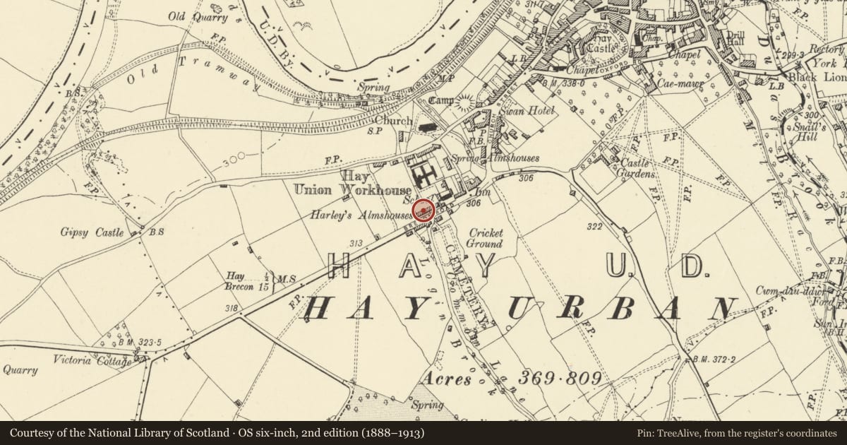 Ordnance Survey six-inch map, 2nd edition (1888–1913) covering the location of Harley's Almshouses, Hay, Powys, with a pin at the register's coordinates