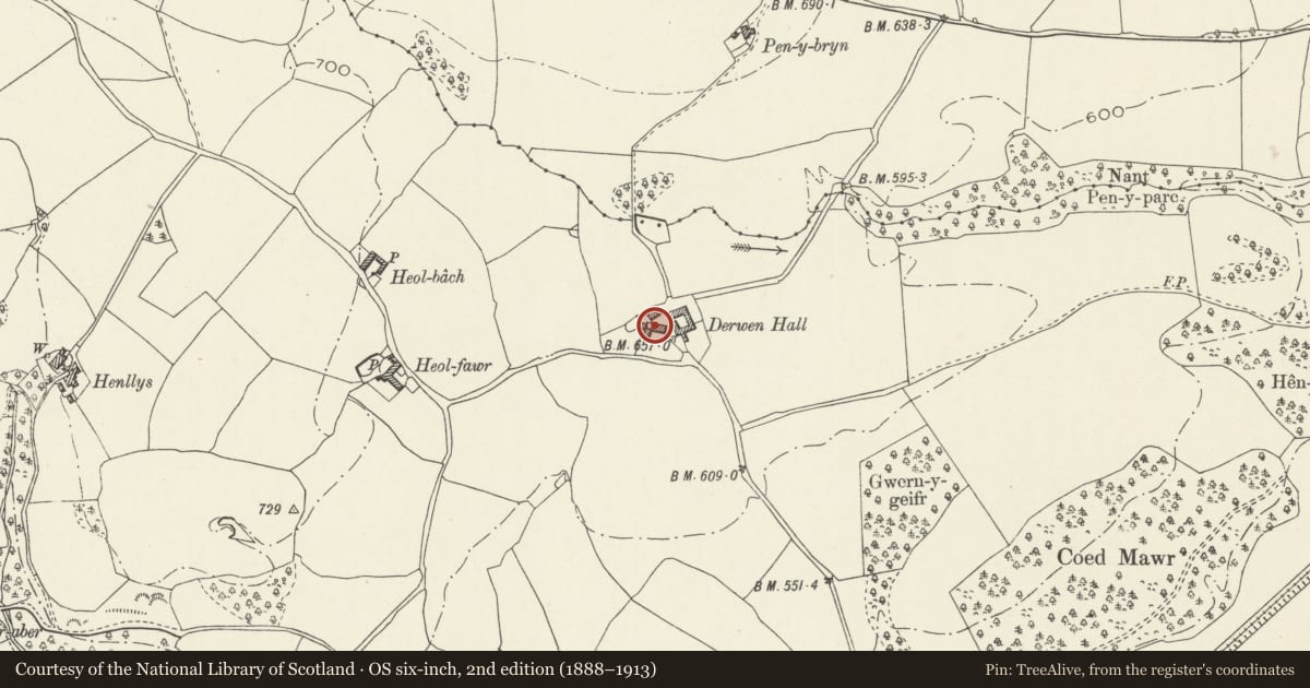 Ordnance Survey six-inch map, 2nd edition (1888–1913) covering the location of Derwen Hall, Denbighshire, with a pin at the register's coordinates