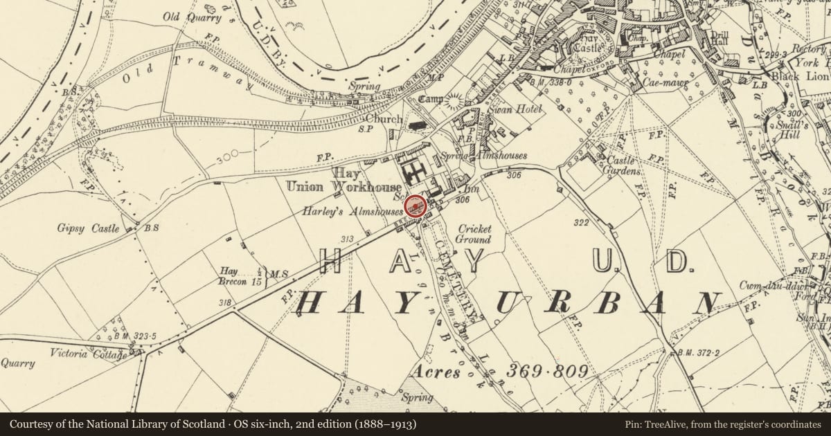 Ordnance Survey six-inch map, 2nd edition (1888–1913) covering the location of Harley's Almshouses, Hay, Powys, with a pin at the register's coordinates