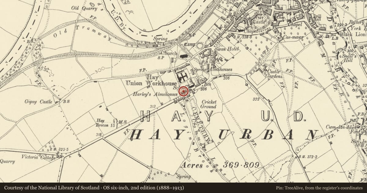 Ordnance Survey six-inch map, 2nd edition (1888–1913) covering the location of Harley's Almshouses, Hay, Powys, with a pin at the register's coordinates