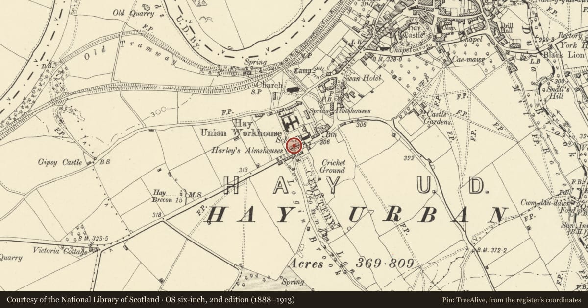 Ordnance Survey six-inch map, 2nd edition (1888–1913) covering the location of Harley's Almshouses, Hay, Powys, with a pin at the register's coordinates