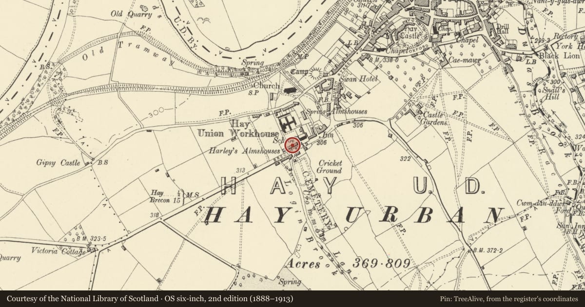 Ordnance Survey six-inch map, 2nd edition (1888–1913) covering the location of Harley's Almhouses, Hay, Powys, with a pin at the register's coordinates