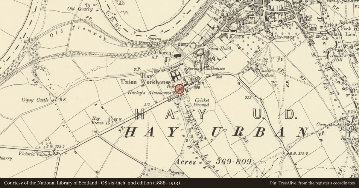 Ordnance Survey six-inch map, 2nd edition (1888–1913) covering the location of Harley's Almhouses, Hay, Powys, with a pin at the register's coordinates
