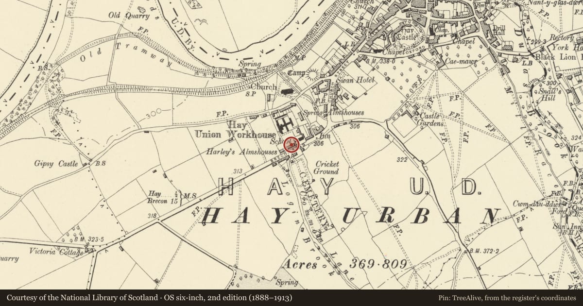 Ordnance Survey six-inch map, 2nd edition (1888–1913) covering the location of Harley's Almhouses, Hay, Powys, with a pin at the register's coordinates