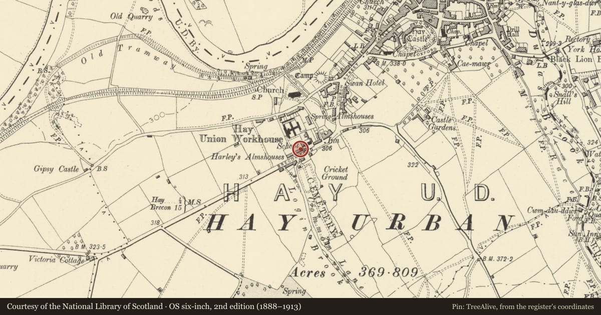 Ordnance Survey six-inch map, 2nd edition (1888–1913) covering the location of Harley's Almhouses, Hay, Powys, with a pin at the register's coordinates