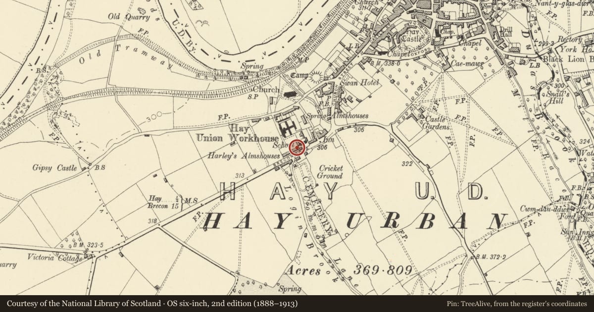 Ordnance Survey six-inch map, 2nd edition (1888–1913) covering the location of Harley's Almhouses, Hay, Powys, with a pin at the register's coordinates