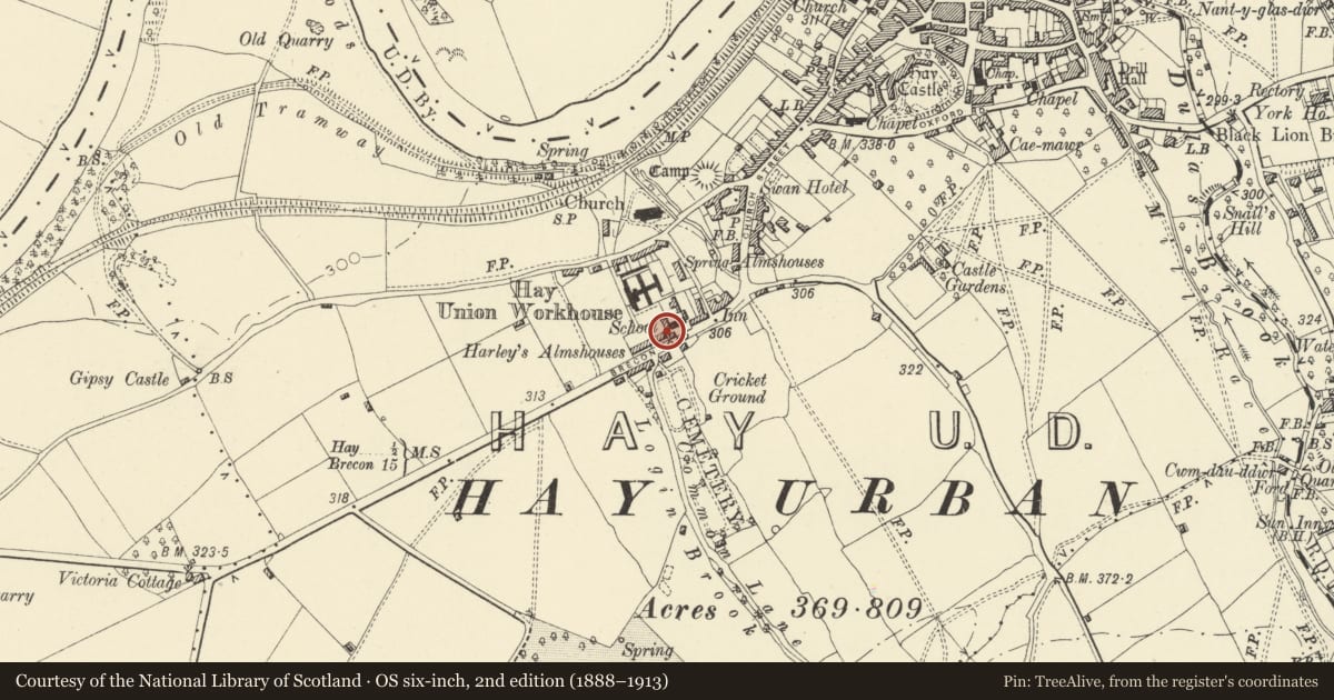 Ordnance Survey six-inch map, 2nd edition (1888–1913) covering the location of Harley's Almhouses, Hay, Powys, with a pin at the register's coordinates