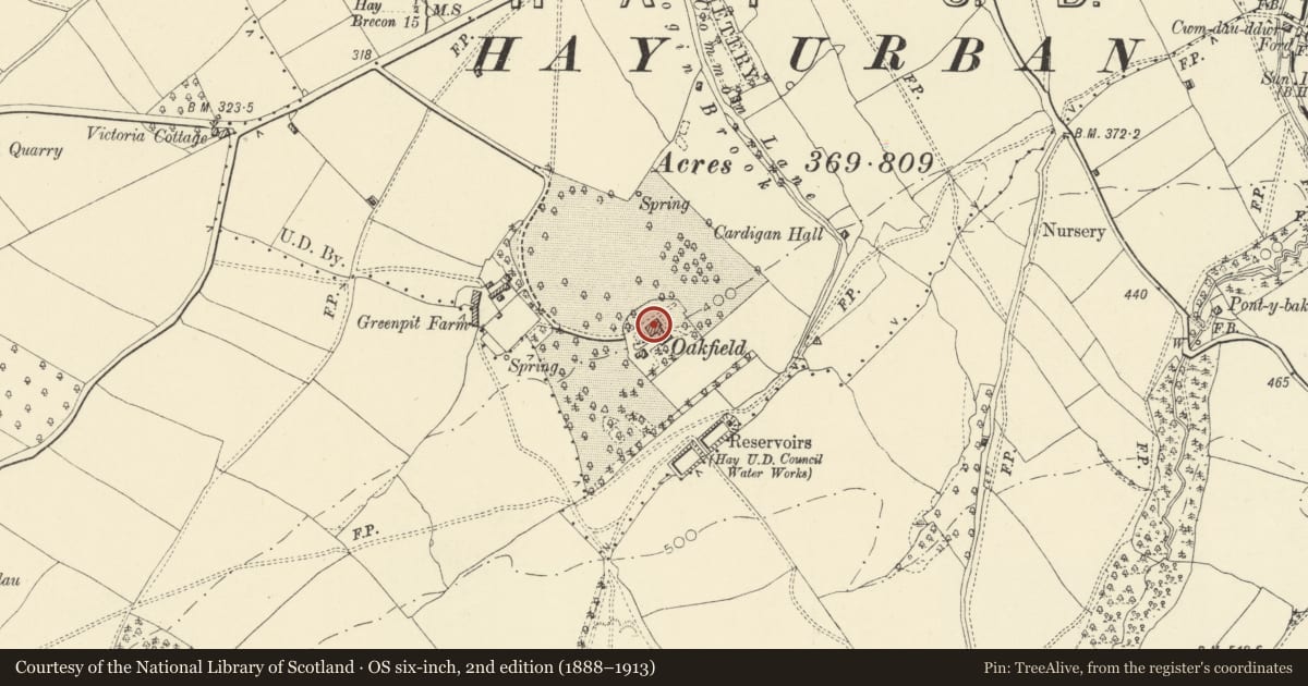 Ordnance Survey six-inch map, 2nd edition (1888–1913) covering the location of Oakfield, Hay, Powys, with a pin at the register's coordinates