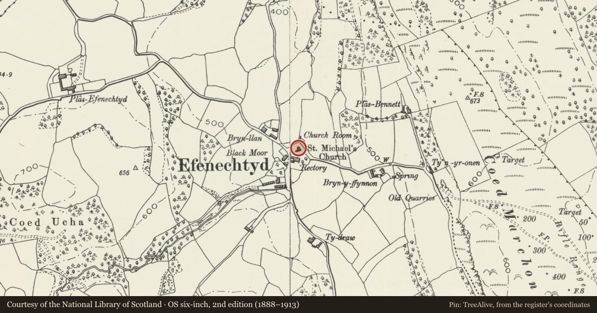 Ordnance Survey six-inch map, 2nd edition (1888–1913) covering the location of Parish Church of St Michael and All Angels, Efenechtyd, Denbighshire, with a pin at the register's coordinates