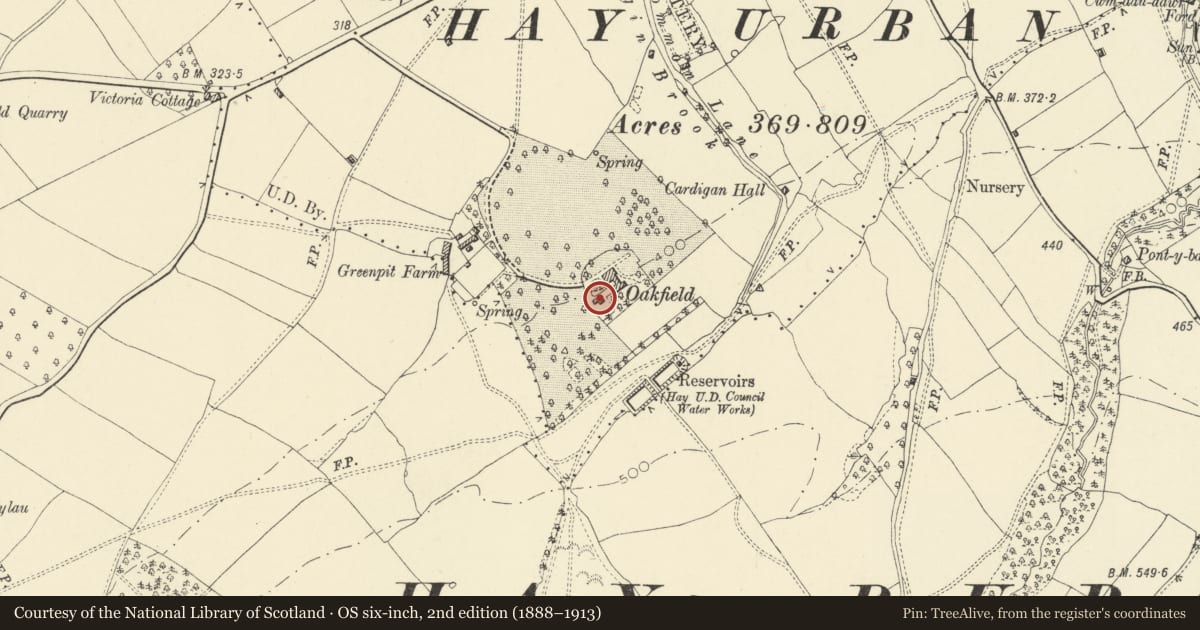 Ordnance Survey six-inch map, 2nd edition (1888–1913) covering the location of Former Coach-House Range at Oakfield, Hay, Powys, with a pin at the register's coordinates