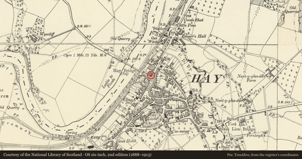 Ordnance Survey six-inch map, 2nd edition (1888–1913) covering the location of The Three Tuns P.H., Hay, Powys, with a pin at the register's coordinates