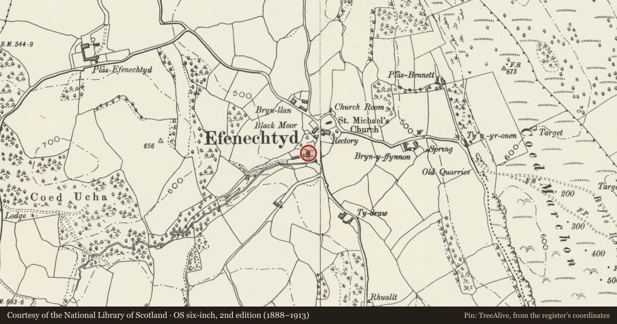 Ordnance Survey six-inch map, 2nd edition (1888–1913) covering the location of Plas-yn-Llan, Efenechtyd, Denbighshire, with a pin at the register's coordinates