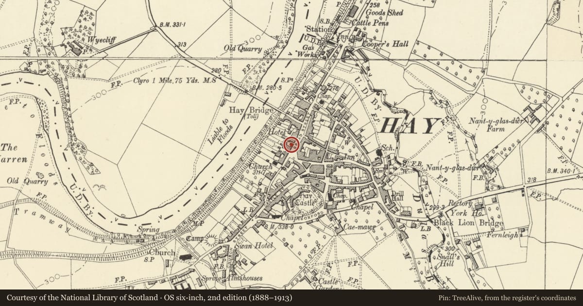 Ordnance Survey six-inch map, 2nd edition (1888–1913) covering the location of Seven Stars, Hay, Powys, with a pin at the register's coordinates