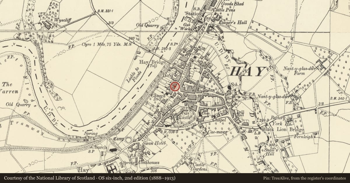 Ordnance Survey six-inch map, 2nd edition (1888–1913) covering the location of Tinto House, Hay, Powys, with a pin at the register's coordinates