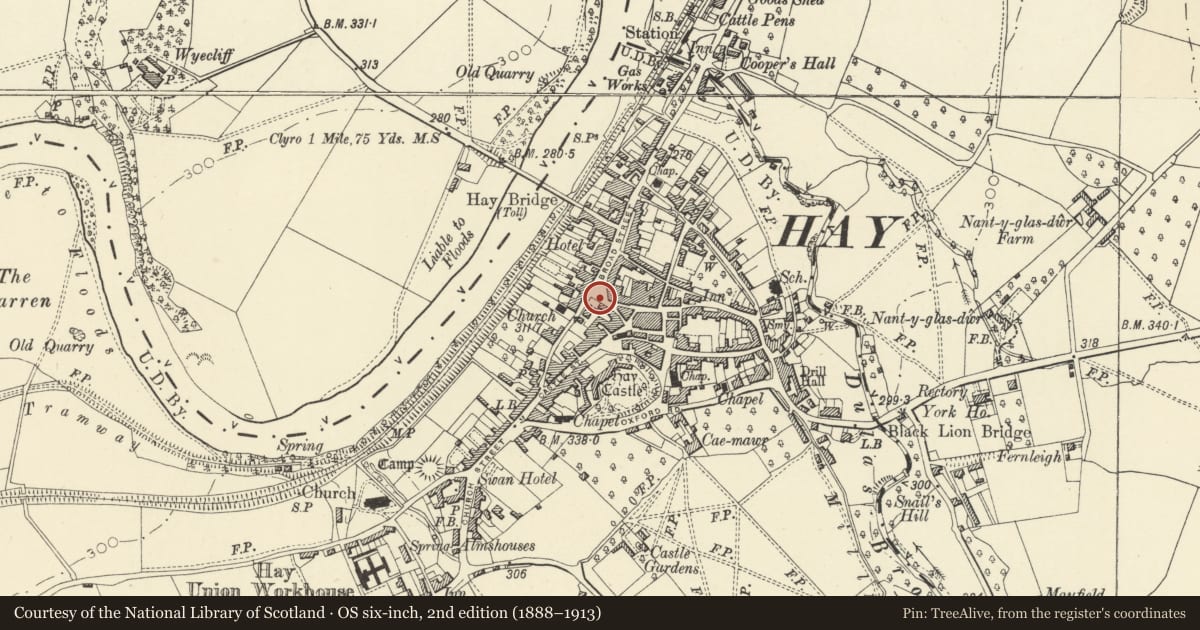 Ordnance Survey six-inch map, 2nd edition (1888–1913) covering the location of Clock Tower, Hay, Powys, with a pin at the register's coordinates