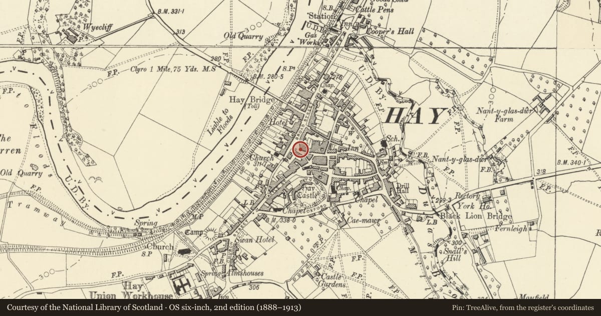 Ordnance Survey six-inch map, 2nd edition (1888–1913) covering the location of Golesworthy's (Corner Range only), Hay, Powys, with a pin at the register's coordinates