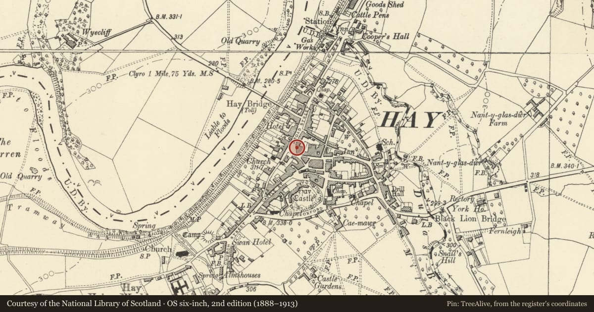 Ordnance Survey six-inch map, 2nd edition (1888–1913) covering the location of The Granary, Hay, Powys, with a pin at the register's coordinates