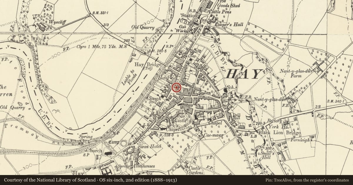Ordnance Survey six-inch map, 2nd edition (1888–1913) covering the location of Barclay's Bank, Hay, Powys, with a pin at the register's coordinates