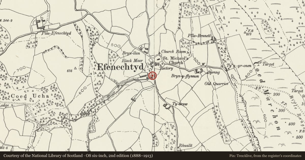 Ordnance Survey six-inch map, 2nd edition (1888–1913) covering the location of Gatepiers and associated Forecourt Walls at Plas-yn-Llan, Efenechtyd, Denbighshire, with a pin at the register's coordinates