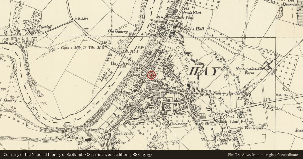 Ordnance Survey six-inch map, 2nd edition (1888–1913) covering the location of Chancery House (formerly Prospect House), Hay, Powys, with a pin at the register's coordinates