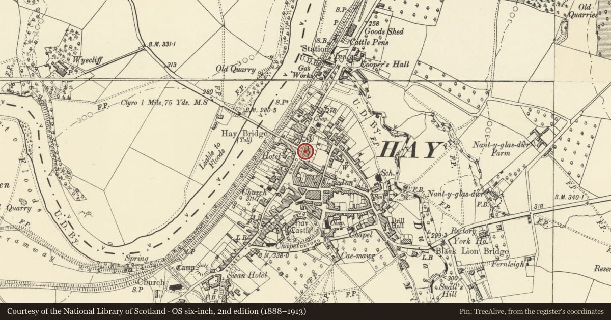 Ordnance Survey six-inch map, 2nd edition (1888–1913) covering the location of West House, Hay, Powys, with a pin at the register's coordinates