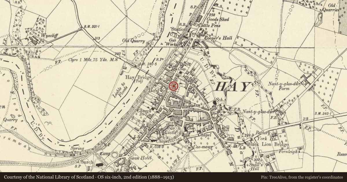 Ordnance Survey six-inch map, 2nd edition (1888–1913) covering the location of Sycamore, Hay, Powys, with a pin at the register's coordinates