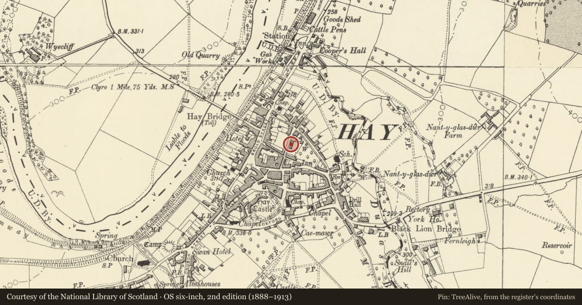 Ordnance Survey six-inch map, 2nd edition (1888–1913) covering the location of Brookfield House, Hay, Powys, with a pin at the register's coordinates