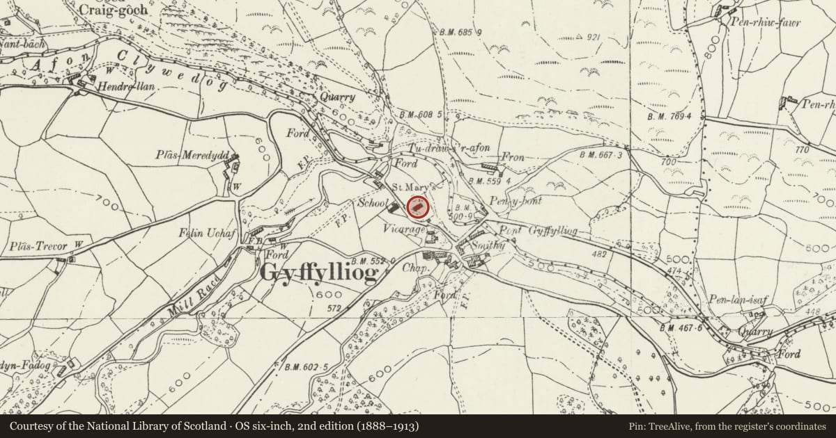 Ordnance Survey six-inch map, 2nd edition (1888–1913) covering the location of Parish Church of St Mary, Cyffylliog, Denbighshire, with a pin at the register's coordinates
