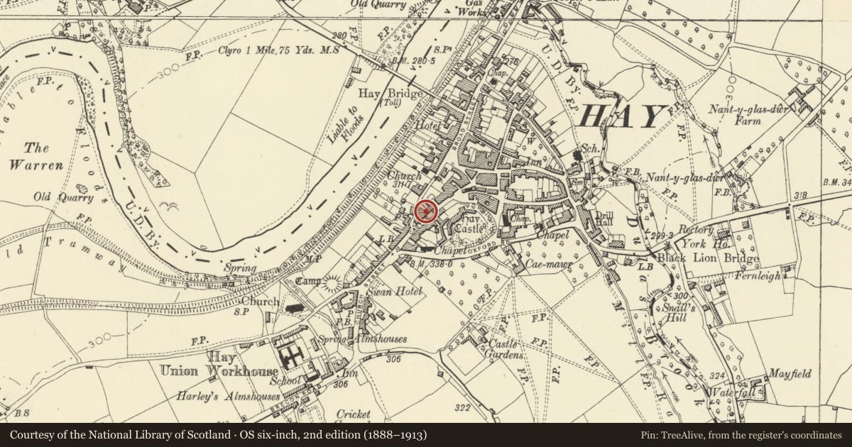 Ordnance Survey six-inch map, 2nd edition (1888–1913) covering the location of H.R.Grant including former Flannel mill to rear, Hay, Powys, with a pin at the register's coordinates