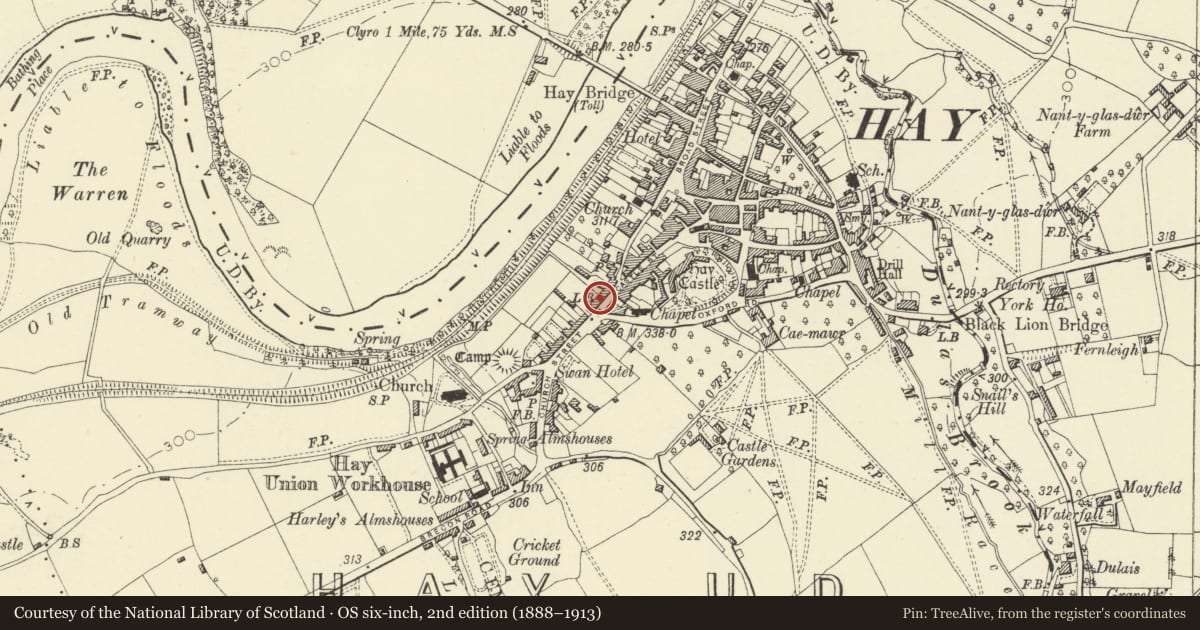 Ordnance Survey six-inch map, 2nd edition (1888–1913) covering the location of The Old Fire Station, Hay, Powys, with a pin at the register's coordinates