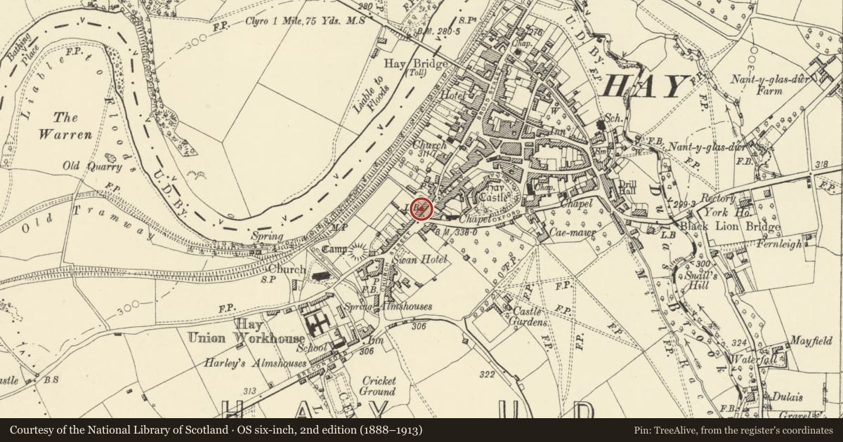 Ordnance Survey six-inch map, 2nd edition (1888–1913) covering the location of 14 Castle Street, Hay, Powys, with a pin at the register's coordinates
