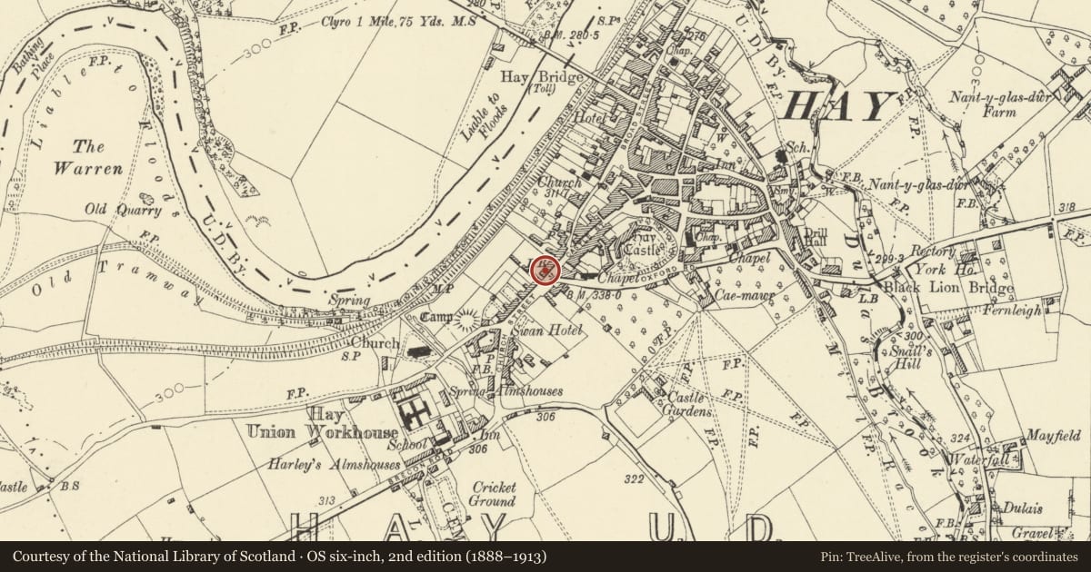 Ordnance Survey six-inch map, 2nd edition (1888–1913) covering the location of 15 Castle Street, Hay, Powys, with a pin at the register's coordinates