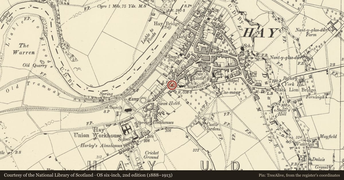 Ordnance Survey six-inch map, 2nd edition (1888–1913) covering the location of Blue Boar Inn P.H., Hay, Powys, with a pin at the register's coordinates