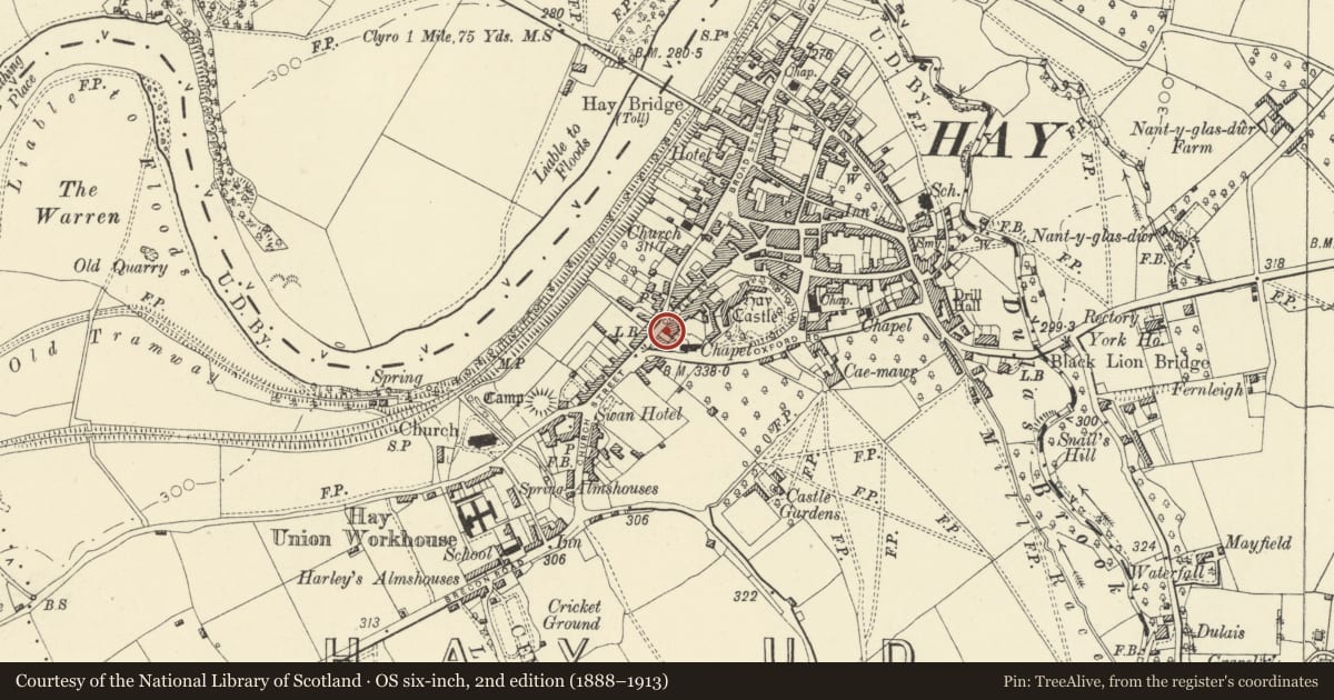 Ordnance Survey six-inch map, 2nd edition (1888–1913) covering the location of Dolycoed, Hay, Powys, with a pin at the register's coordinates