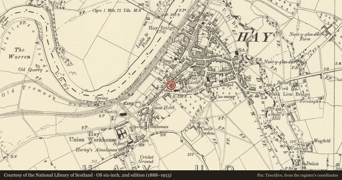 Ordnance Survey six-inch map, 2nd edition (1888–1913) covering the location of Mortimer House, Hay, Powys, with a pin at the register's coordinates