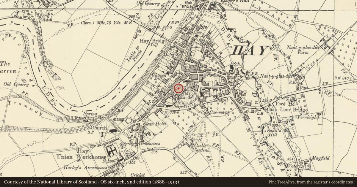 Ordnance Survey six-inch map, 2nd edition (1888–1913) covering the location of Section of the Boundry Wall to Hay Castle, Powys, with a pin at the register's coordinates