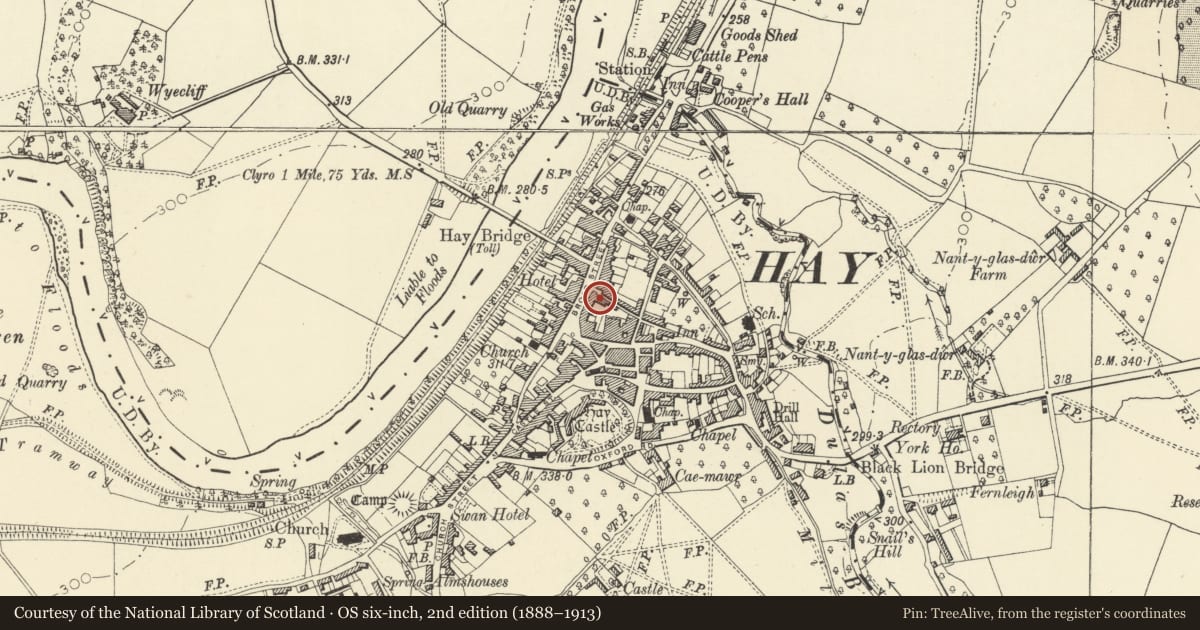 Ordnance Survey six-inch map, 2nd edition (1888–1913) covering the location of R.Trevor Griffith & Co., Solicitors, Hay, Powys, with a pin at the register's coordinates