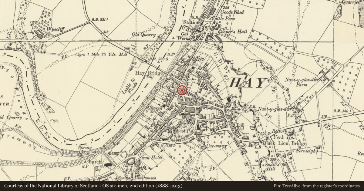 Ordnance Survey six-inch map, 2nd edition (1888–1913) covering the location of Nationwide Building Society, Hay, Powys, with a pin at the register's coordinates