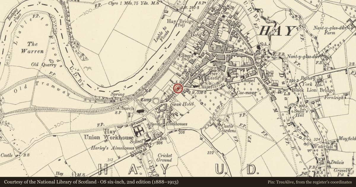 Ordnance Survey six-inch map, 2nd edition (1888–1913) covering the location of Stone House, Hay, Powys, with a pin at the register's coordinates