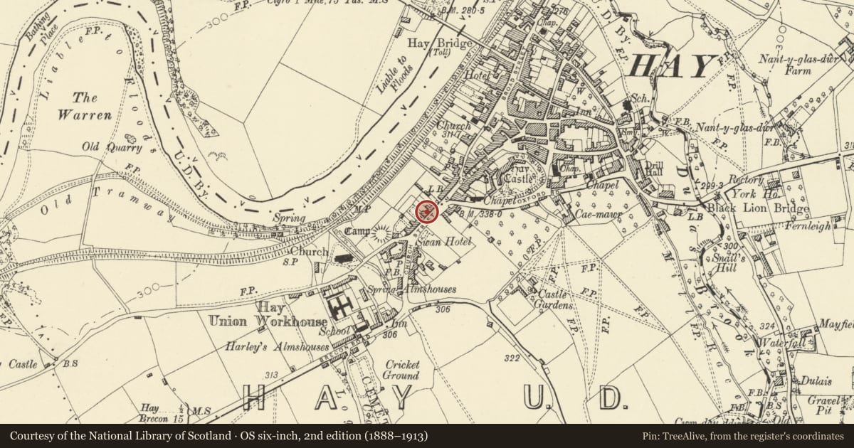Ordnance Survey six-inch map, 2nd edition (1888–1913) covering the location of Russell, Baldwin & Bright, Hay, Powys, with a pin at the register's coordinates