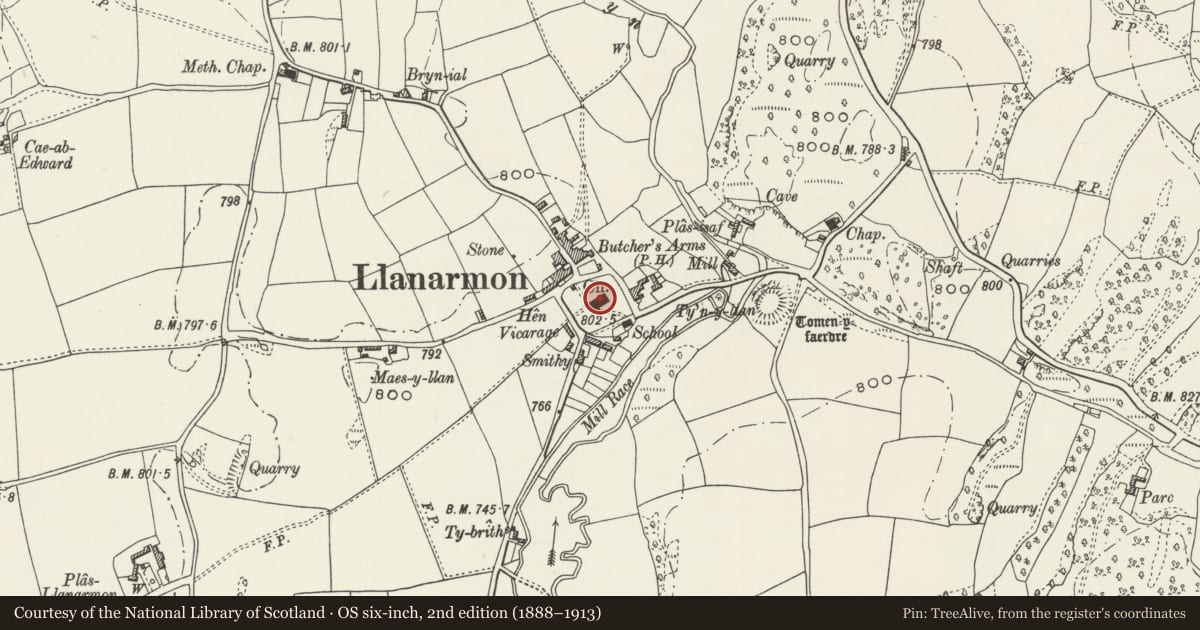 Ordnance Survey six-inch map, 2nd edition (1888–1913) covering the location of Church of St Garmon, Llanarmon-yn-Ial, Denbighshire, with a pin at the register's coordinates