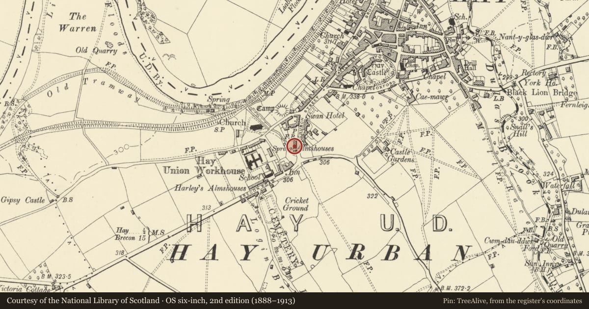 Ordnance Survey six-inch map, 2nd edition (1888–1913) covering the location of Harley's Almshouses, Hay, Powys, with a pin at the register's coordinates