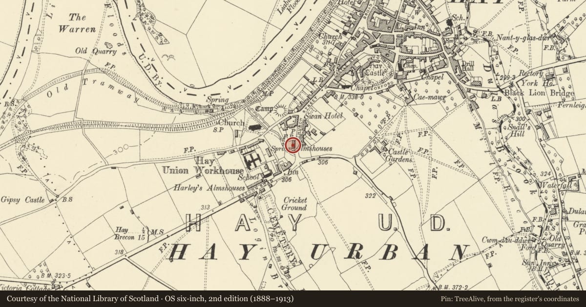 Ordnance Survey six-inch map, 2nd edition (1888–1913) covering the location of Harley's Almshouses, Hay, Powys, with a pin at the register's coordinates