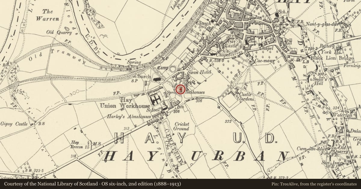 Ordnance Survey six-inch map, 2nd edition (1888–1913) covering the location of Harley's Almhouses, Hay, Powys, with a pin at the register's coordinates
