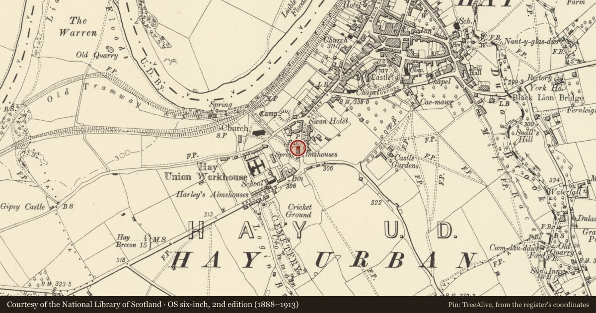 Ordnance Survey six-inch map, 2nd edition (1888–1913) covering the location of Harley's Almshouses, Hay, Powys, with a pin at the register's coordinates