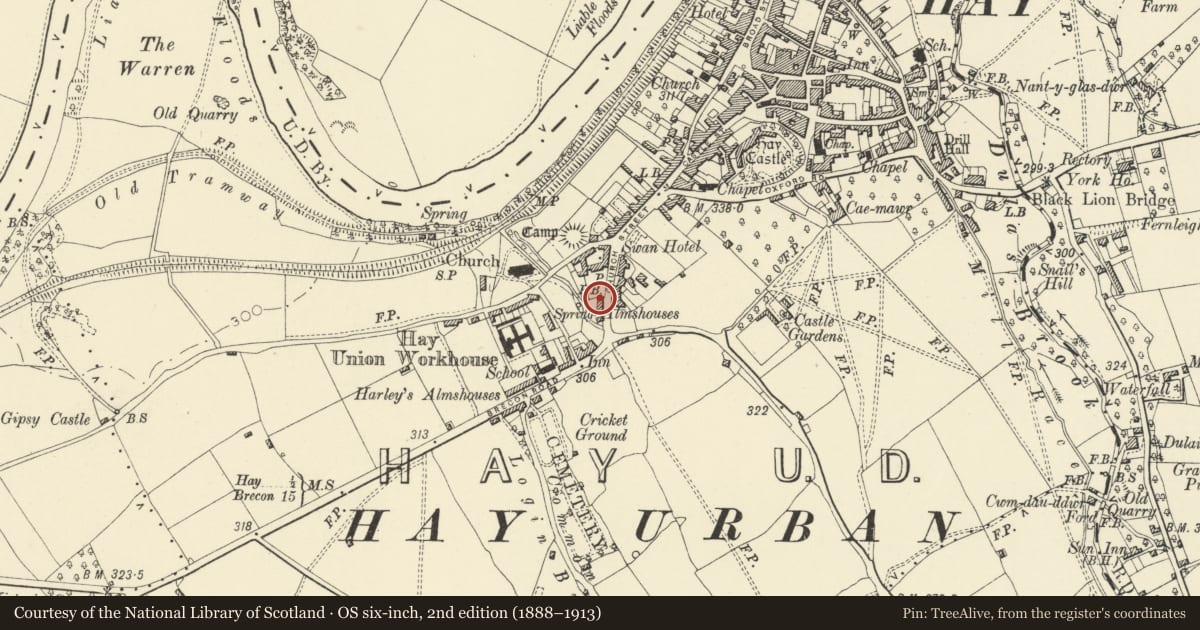 Ordnance Survey six-inch map, 2nd edition (1888–1913) covering the location of Harley's Almshouses, Hay, Powys, with a pin at the register's coordinates