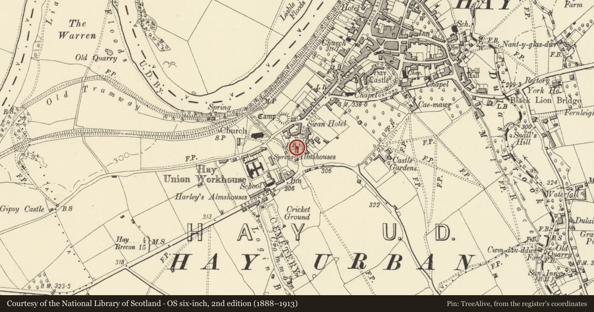 Ordnance Survey six-inch map, 2nd edition (1888–1913) covering the location of Harley's Almshouses, Hay, Powys, with a pin at the register's coordinates