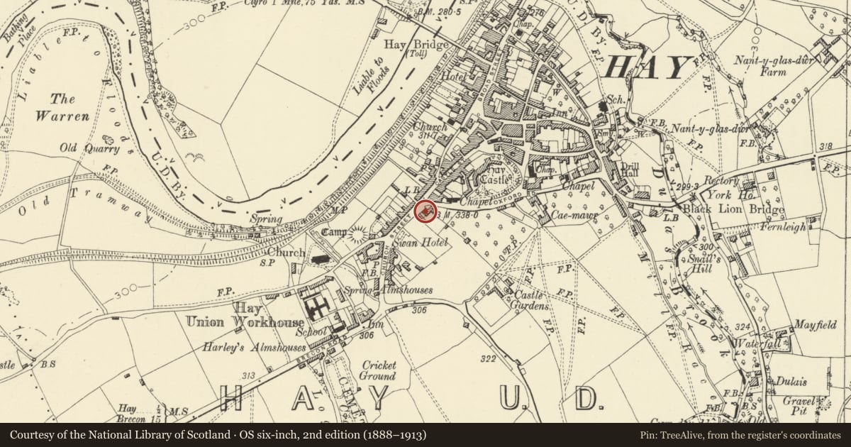 Ordnance Survey six-inch map, 2nd edition (1888–1913) covering the location of The Vicarage, Hay, Powys, with a pin at the register's coordinates