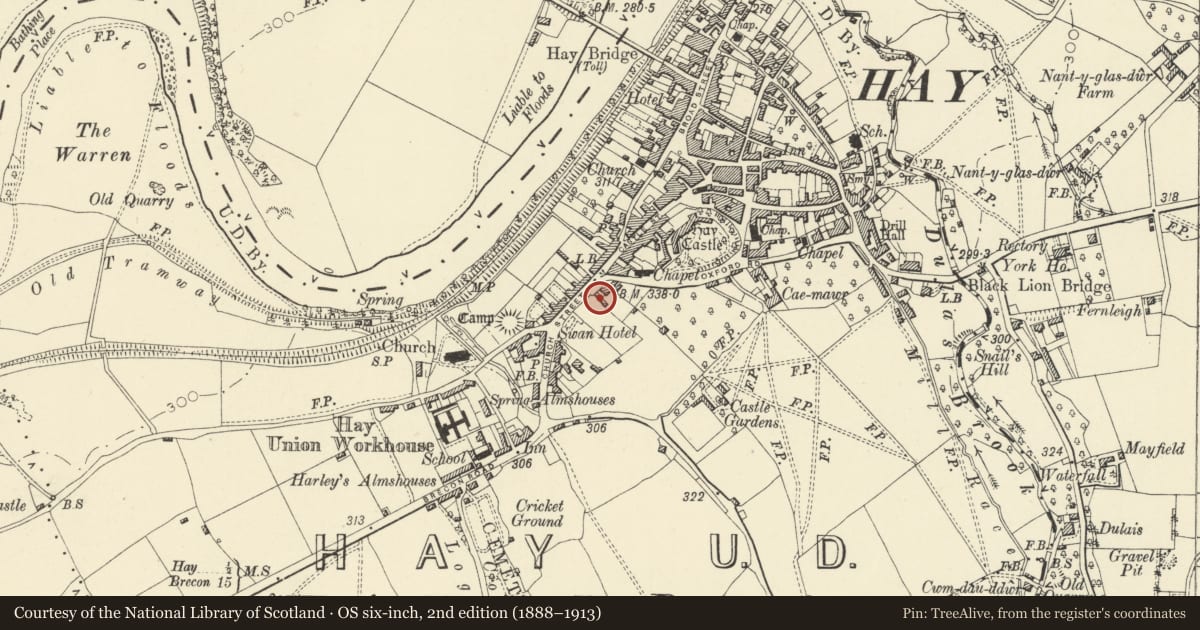 Ordnance Survey six-inch map, 2nd edition (1888–1913) covering the location of Former Coach-House, Archway and Attached Outbuilding at the Vicarage, Hay, Powys, with a pin at the register's coordinates